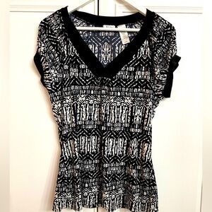 Liz & Co Womens Size Large Black and White Short Sleeve V-Neck Blouse Top Shirt